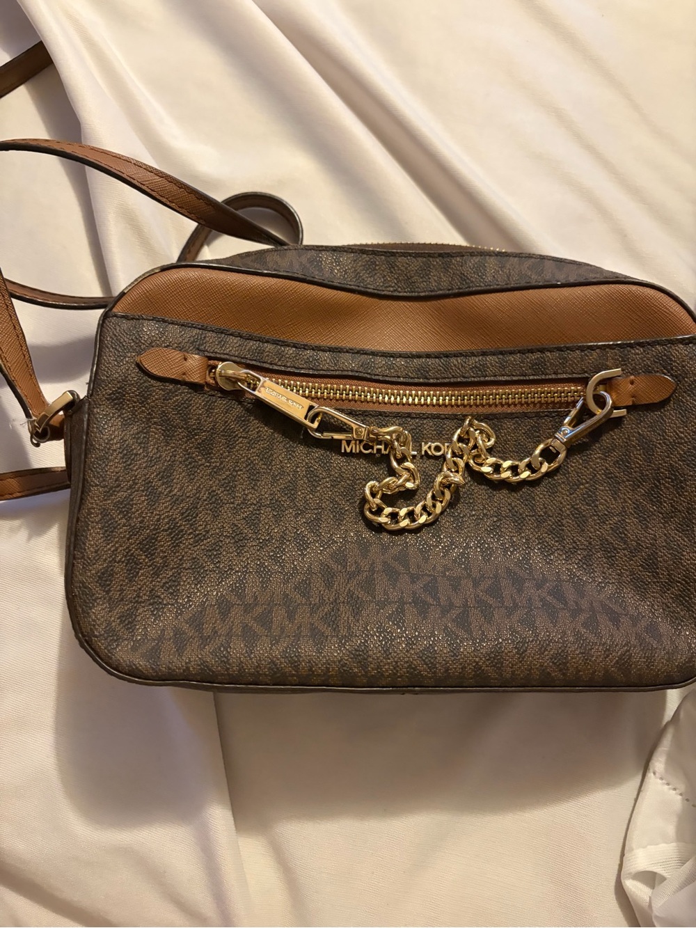 Michael Kors Brown Logo Crossbody with Gold Chain Accent